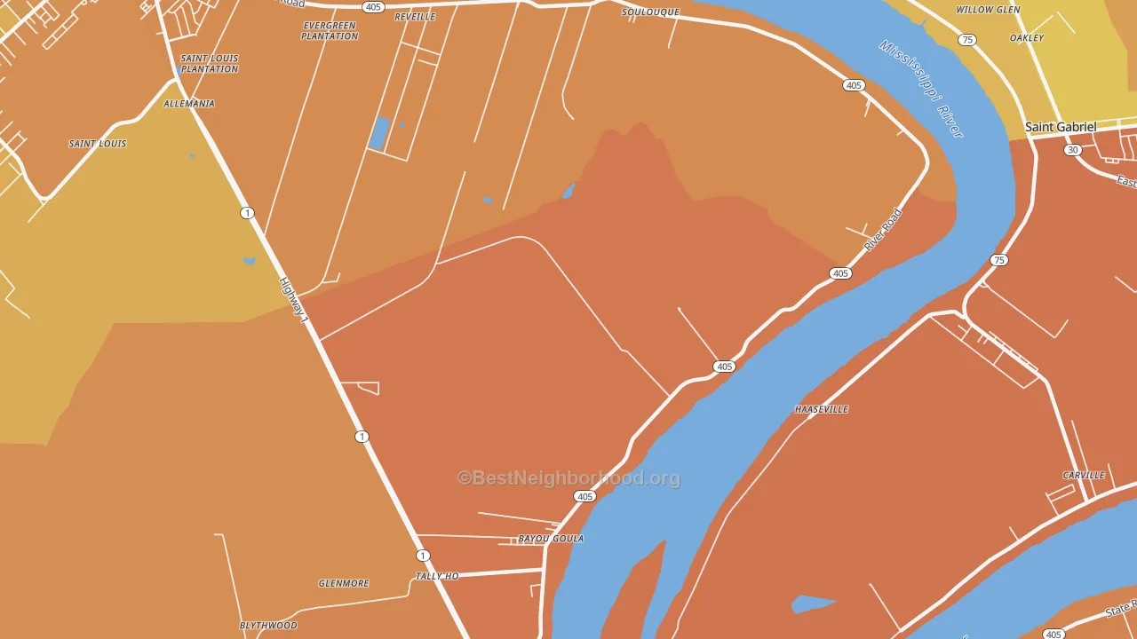 Map of the best neighborhoods in the Seymourville area, with better matches in green and worse matches in red