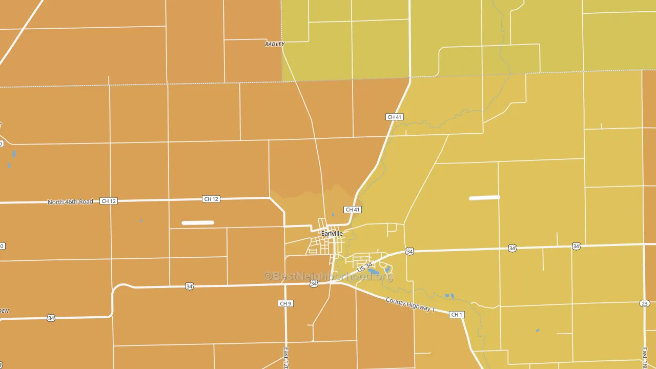 Map of the best neighborhoods in the Shabbona Grove area, with better matches in green and worse matches in red