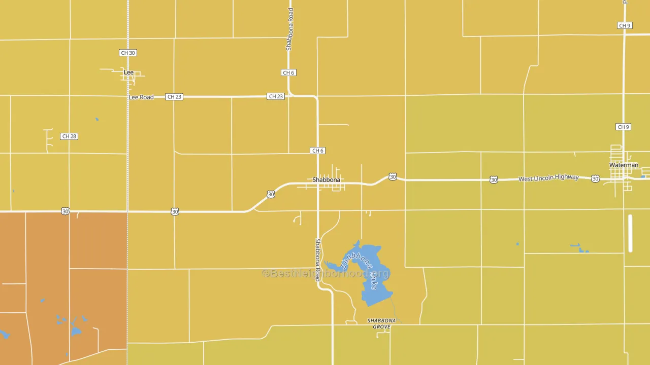 Map of the best neighborhoods in the Shabbona area, with better matches in green and worse matches in red