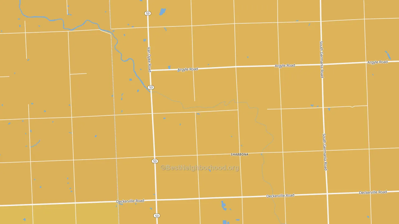 Map of the best neighborhoods in the Shabbona area, with better matches in green and worse matches in red