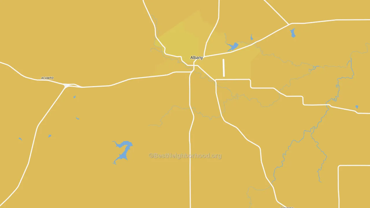 Map of the best neighborhoods in the Shackelford County area, with better matches in green and worse matches in red