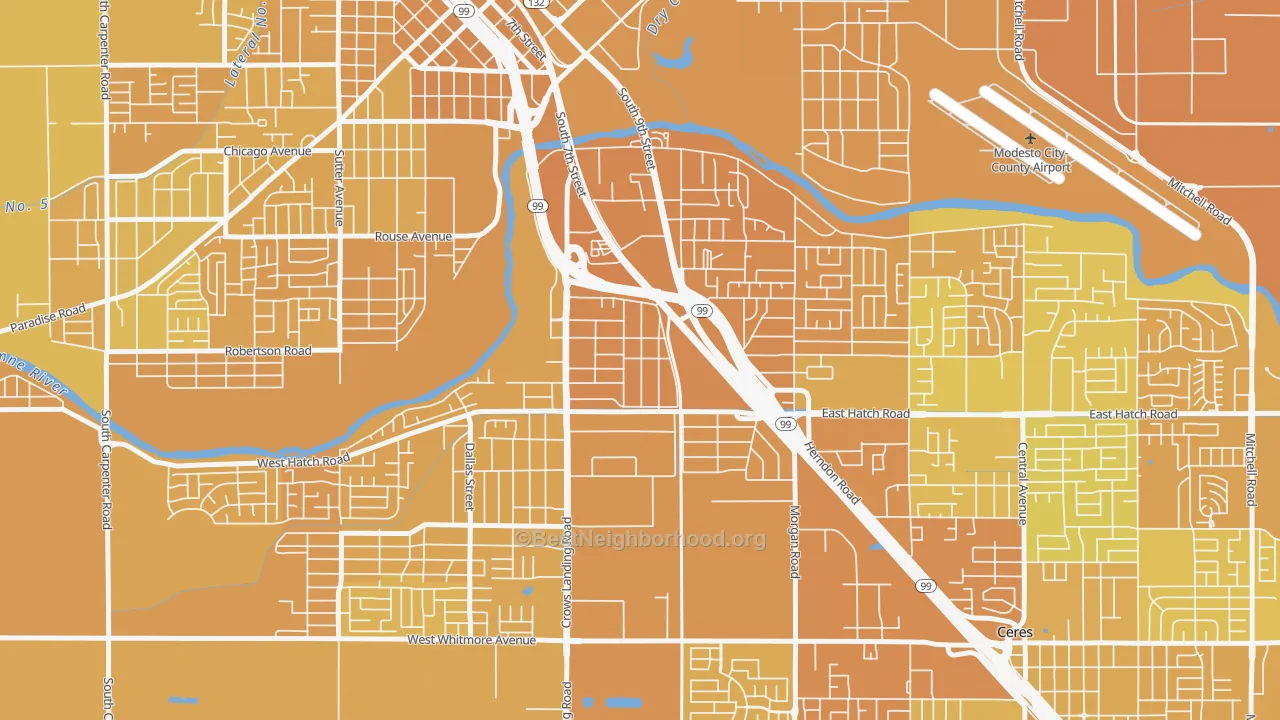 Map of the best neighborhoods in the Shackelford, Modesto area, with better matches in green and worse matches in red