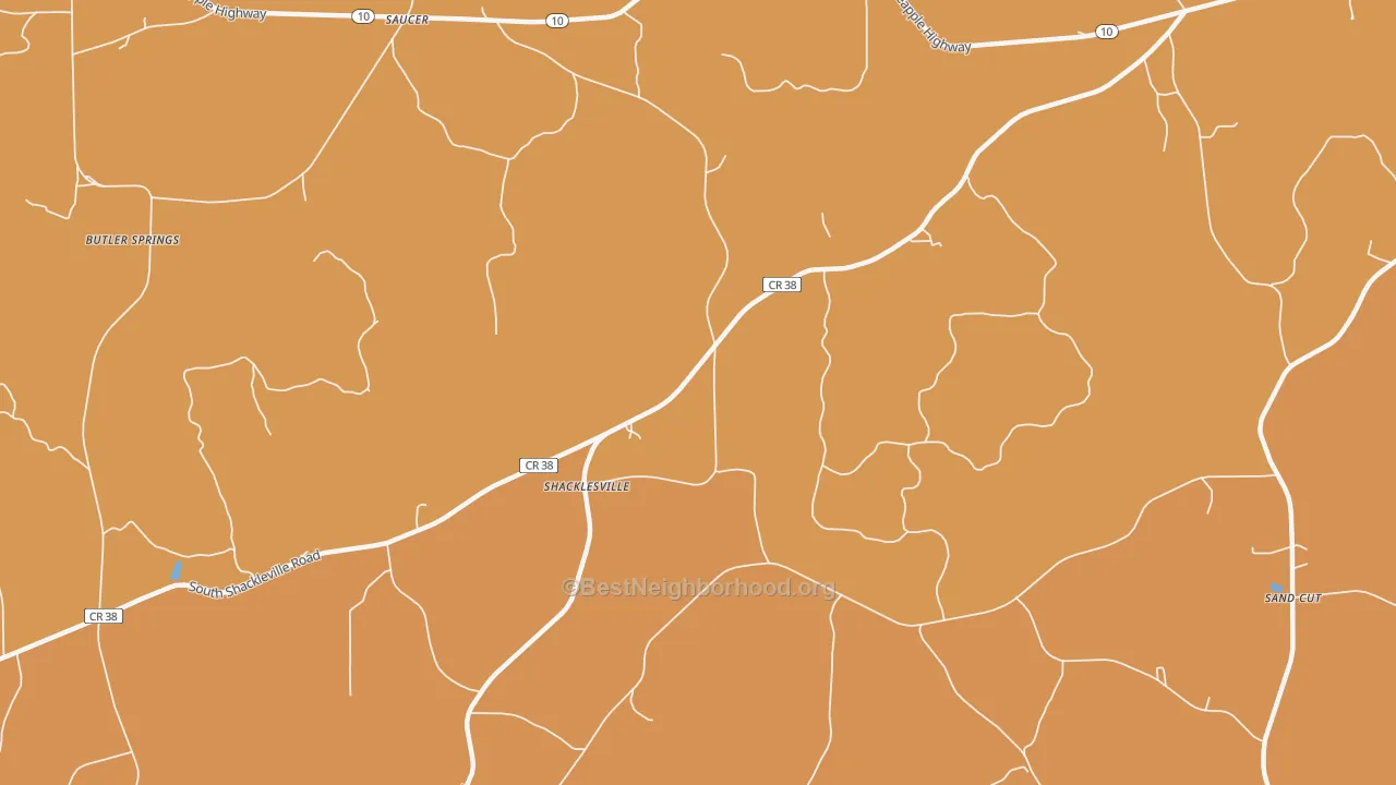 Map of the best neighborhoods in the Shacklesville area, with better matches in green and worse matches in red