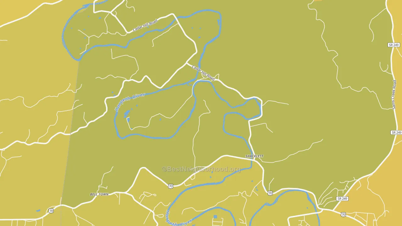 Map of the best neighborhoods in the Shacklett area, with better matches in green and worse matches in red
