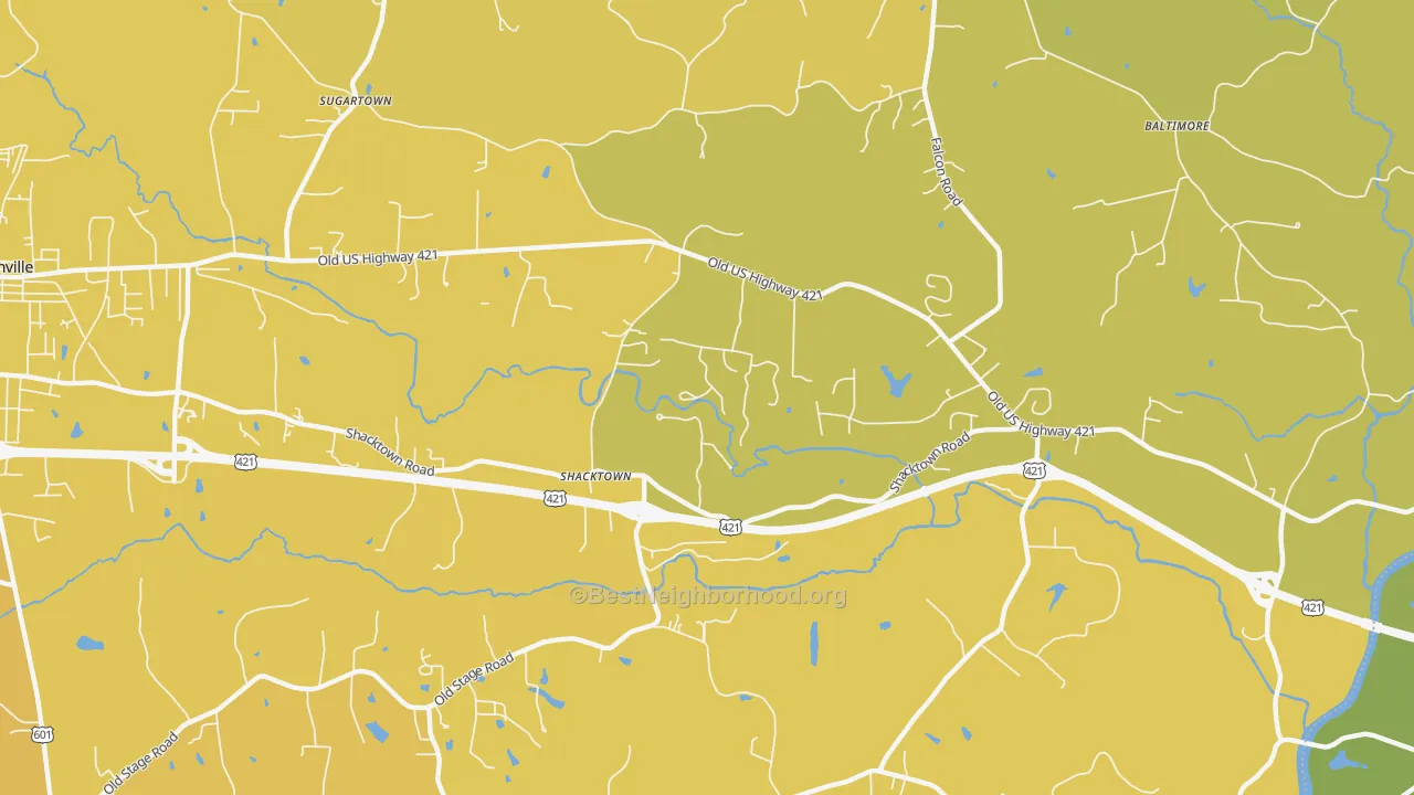 Map of the best neighborhoods in the Shacktown area, with better matches in green and worse matches in red