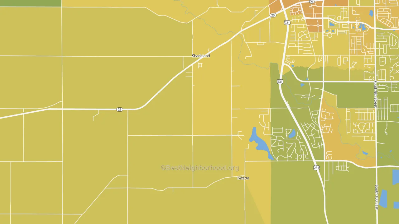 Map of the best neighborhoods in the Shadeland area, with better matches in green and worse matches in red