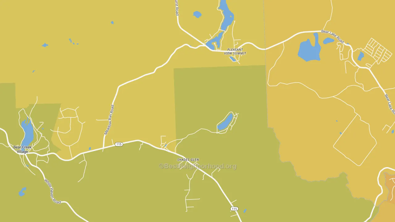Map of the best neighborhoods in the Shades Glen area, with better matches in green and worse matches in red