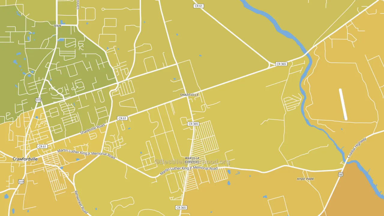 Map of the best neighborhoods in the Shadeville area, with better matches in green and worse matches in red