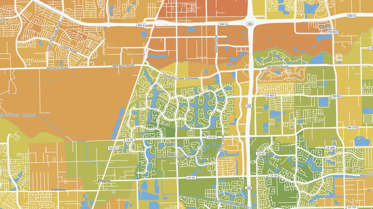 Map of the best neighborhoods in the Shadow Creek Ranch, Pearland area, with better matches in green and worse matches in red