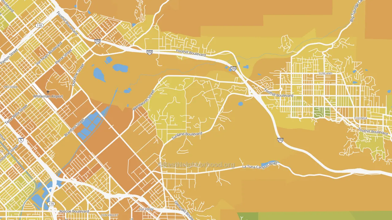 Map of the best neighborhoods in the Shadow Hills, Sunland area, with better matches in green and worse matches in red