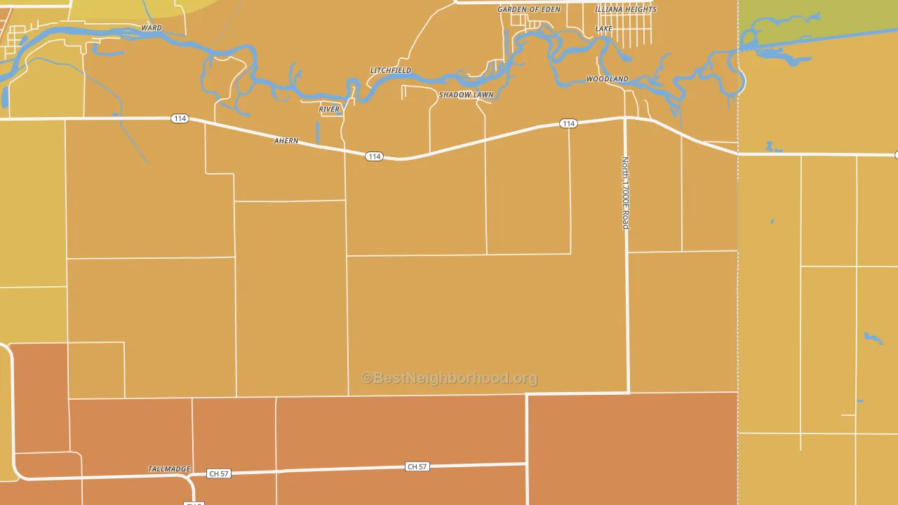 Map of the best neighborhoods in the Shadow Lawn area, with better matches in green and worse matches in red