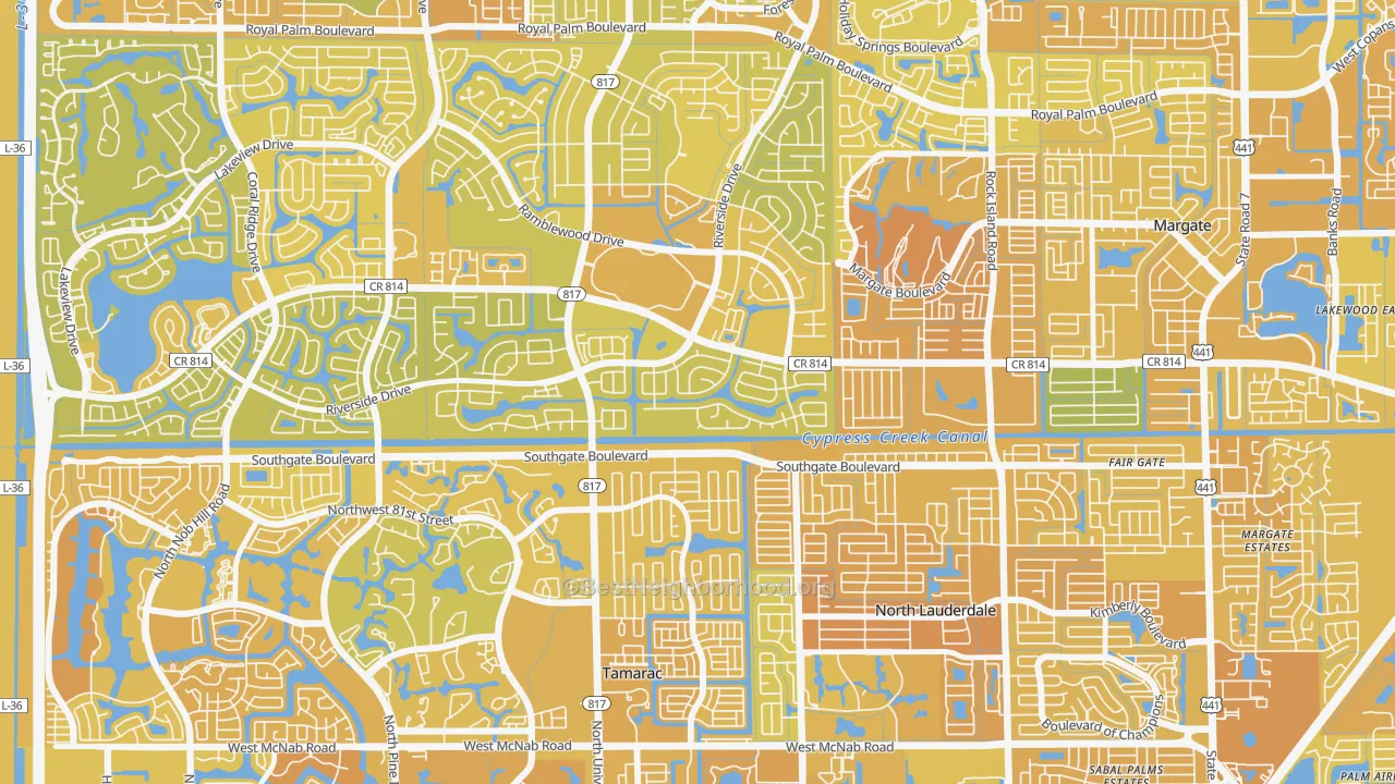 Map of the best neighborhoods in the Shadow Wood, Coral Springs area, with better matches in green and worse matches in red