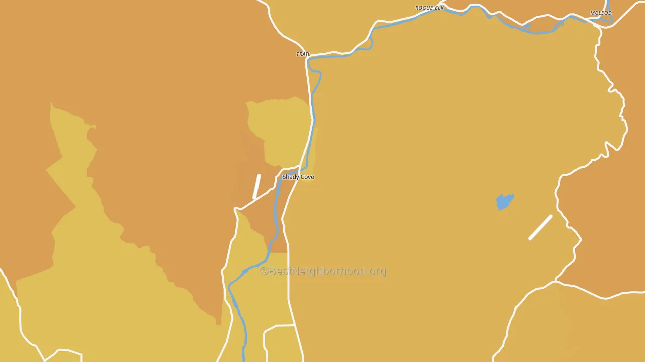 Map of the best neighborhoods in the Shady Cove area, with better matches in green and worse matches in red