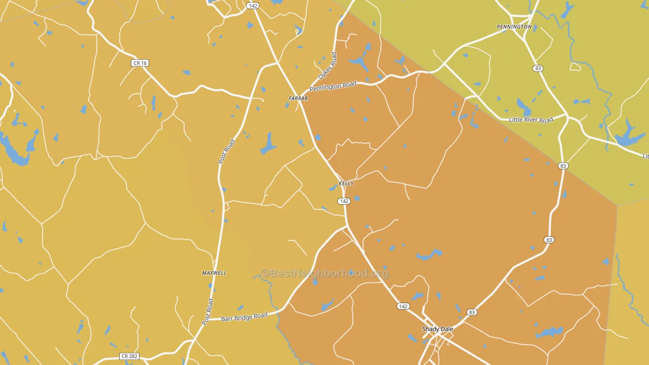Map of the best neighborhoods in the Shady Dale area, with better matches in green and worse matches in red