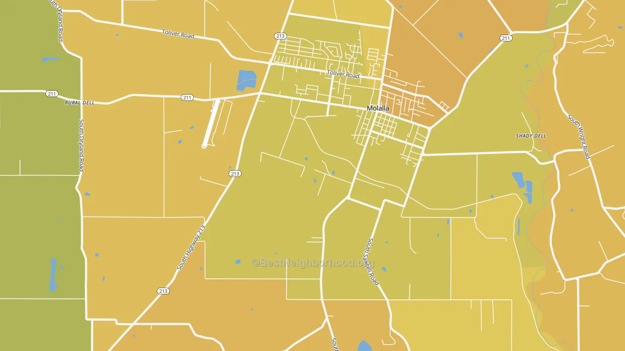 Map of the best neighborhoods in the Shady Dell area, with better matches in green and worse matches in red