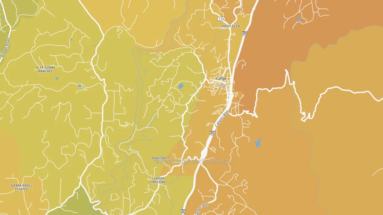 Map of the best neighborhoods in the Shady Glen area, with better matches in green and worse matches in red
