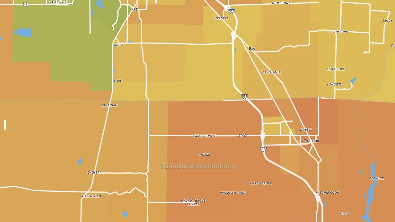 Map of the best neighborhoods in the Shady Grove area, with better matches in green and worse matches in red