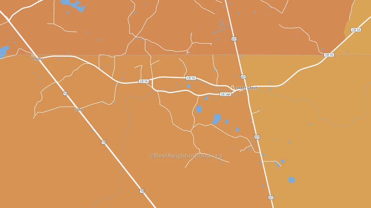 Map of the best neighborhoods in the Shady Grove area, with better matches in green and worse matches in red