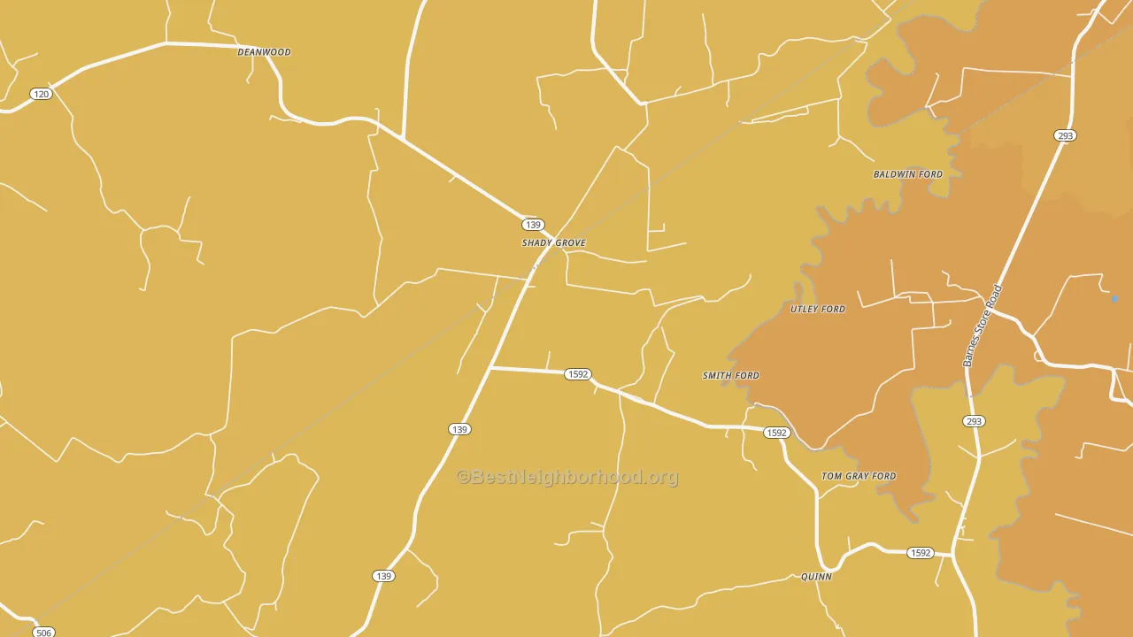 Map of the best neighborhoods in the Shady Grove area, with better matches in green and worse matches in red