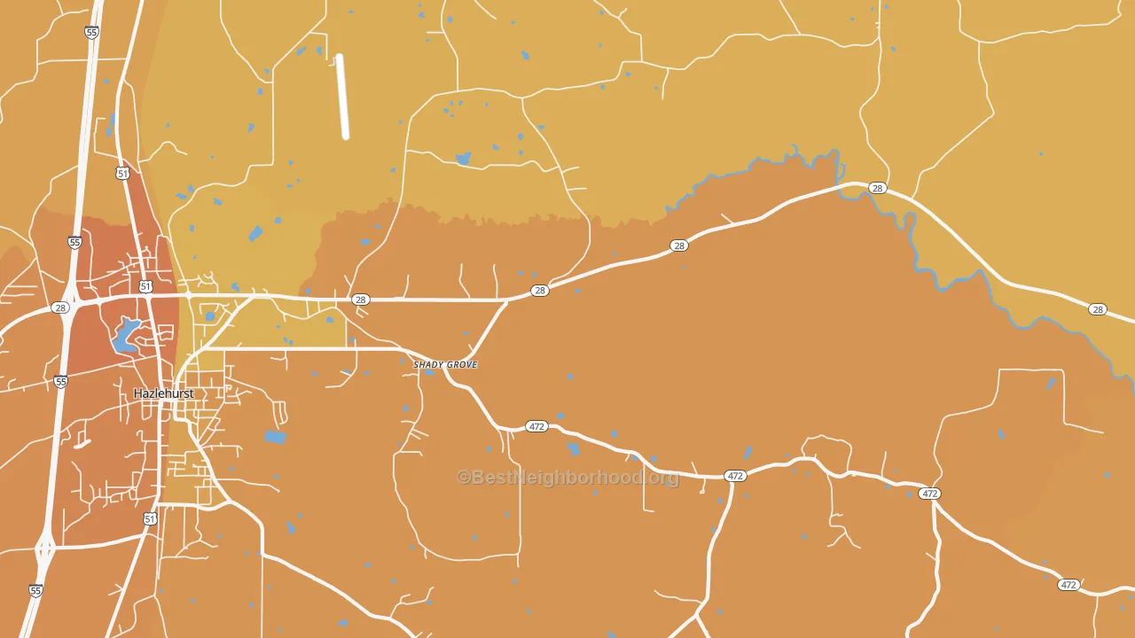 Map of the best neighborhoods in the Shady Grove area, with better matches in green and worse matches in red