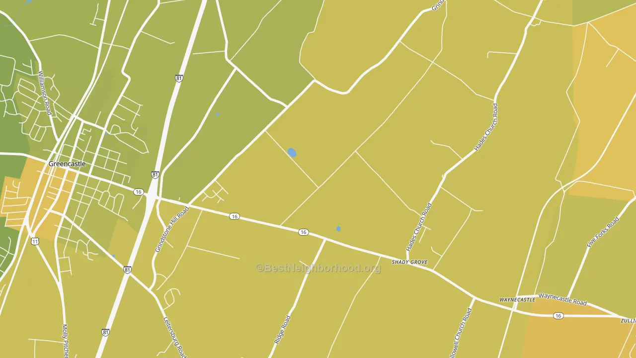 Map of the best neighborhoods in the Shady Grove area, with better matches in green and worse matches in red