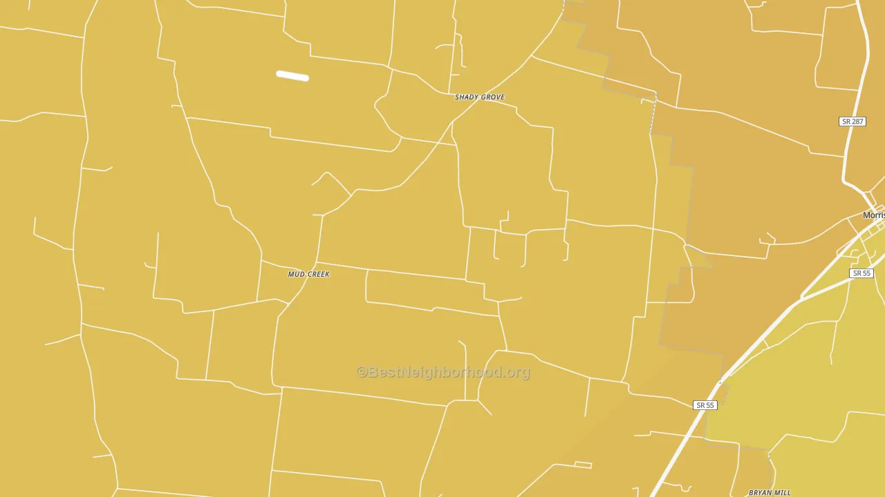 Map of the best neighborhoods in the Shady Grove area, with better matches in green and worse matches in red