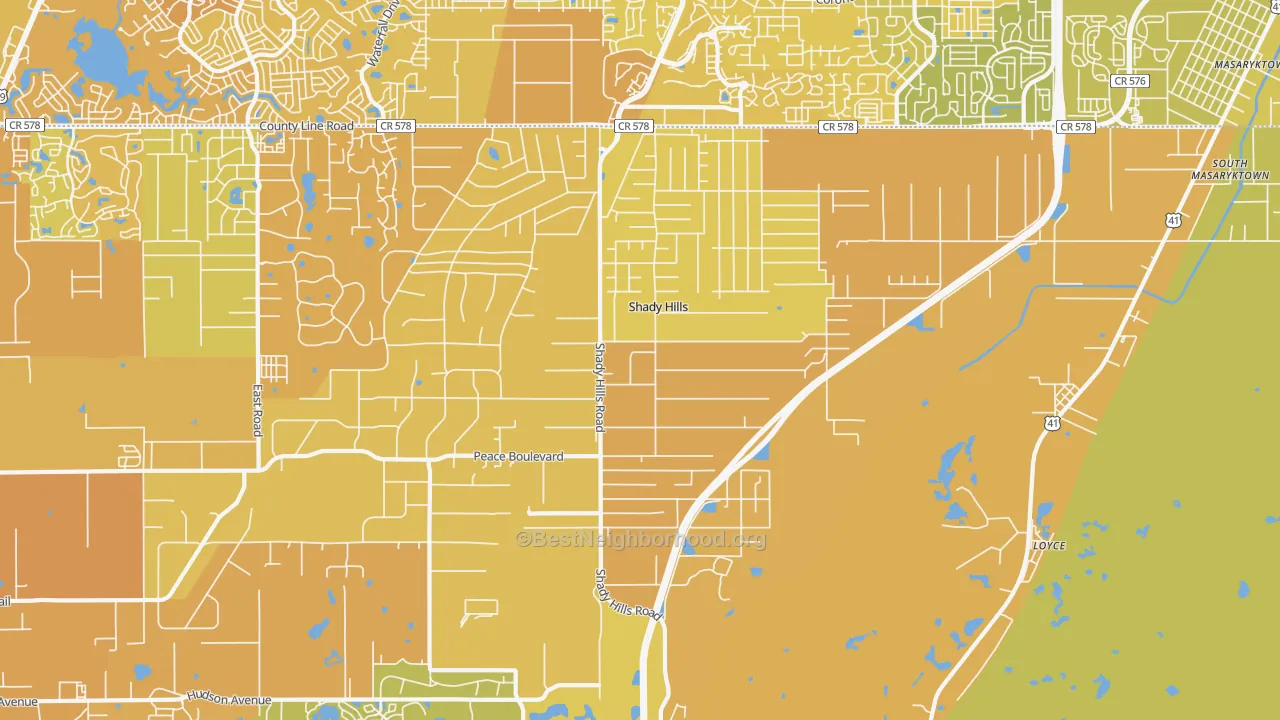 Map of the best neighborhoods in the Shady Hills area, with better matches in green and worse matches in red