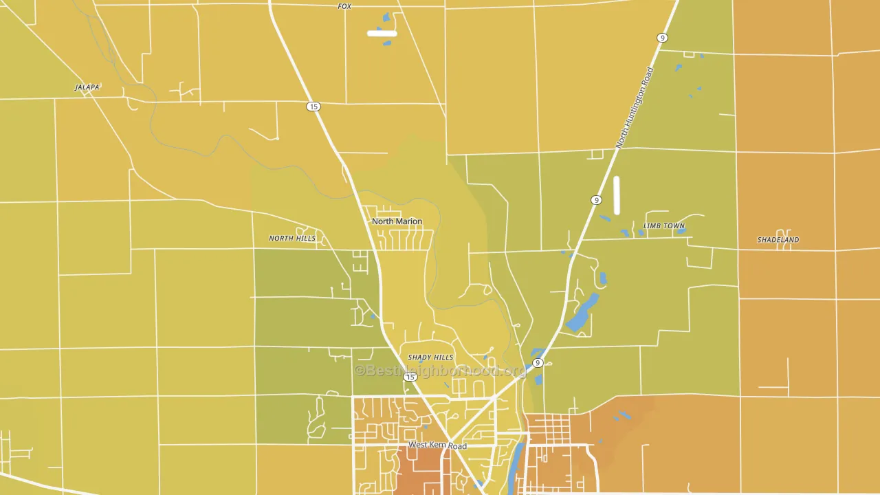 Map of the best neighborhoods in the Shady Hills area, with better matches in green and worse matches in red