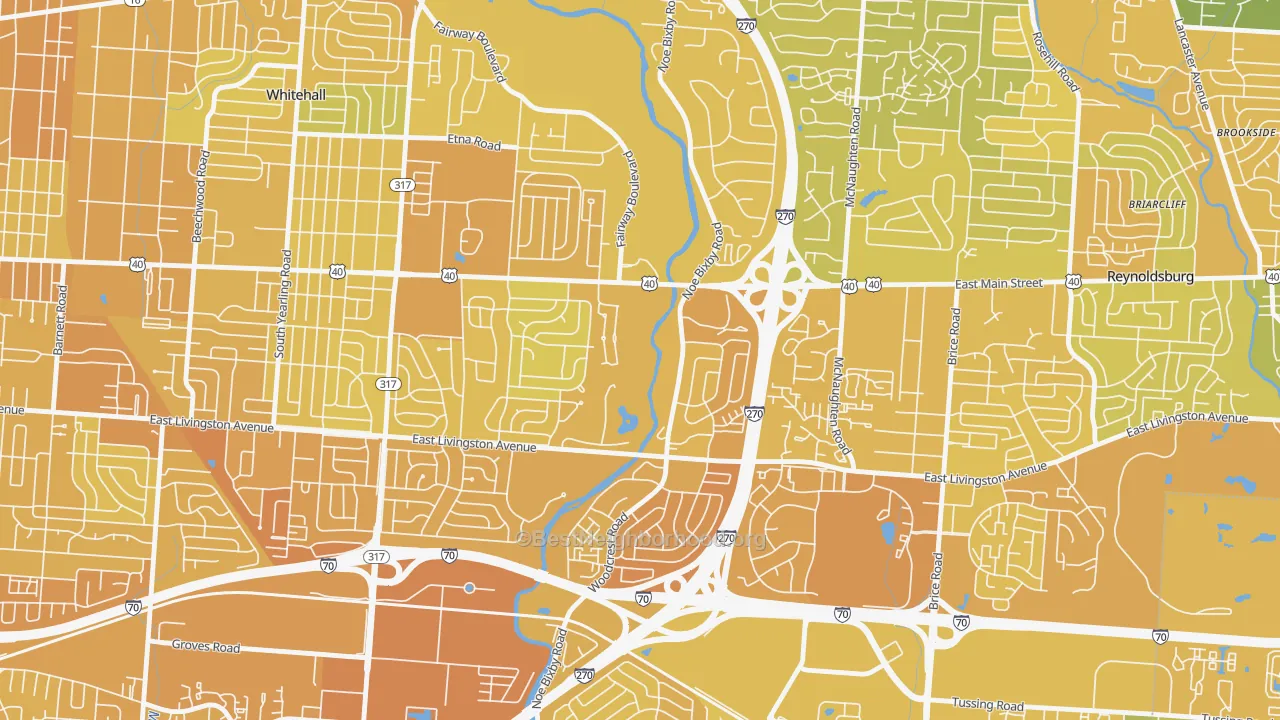 Map of the best neighborhoods in the Shady Lane, Columbus area, with better matches in green and worse matches in red