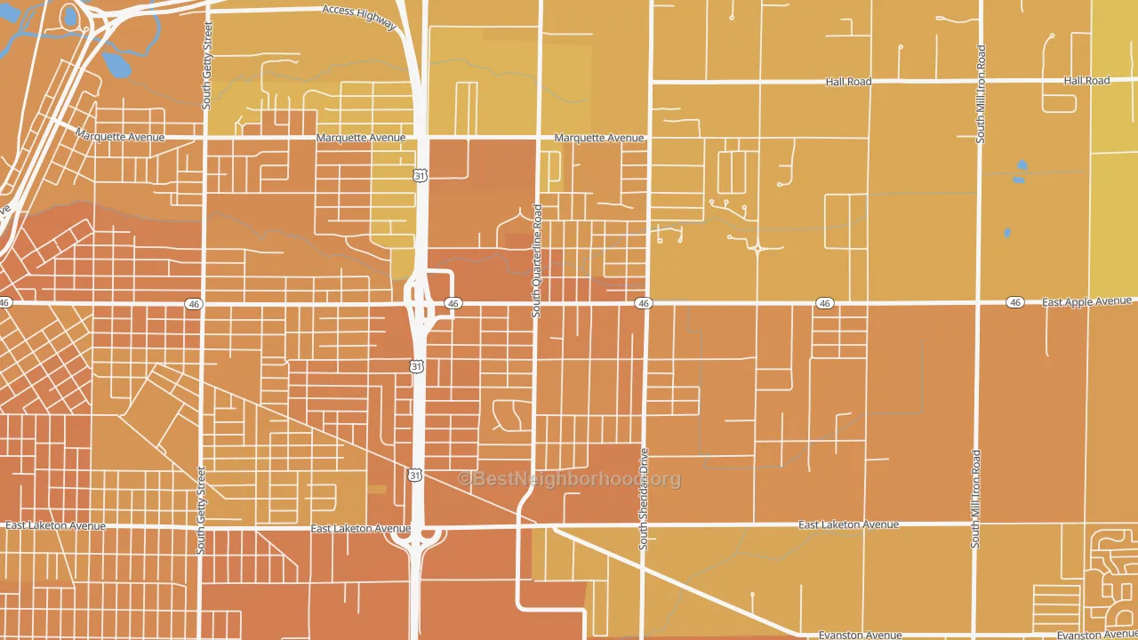 Map of the best neighborhoods in the Shady Park Neighbourhood, Muskegon area, with better matches in green and worse matches in red