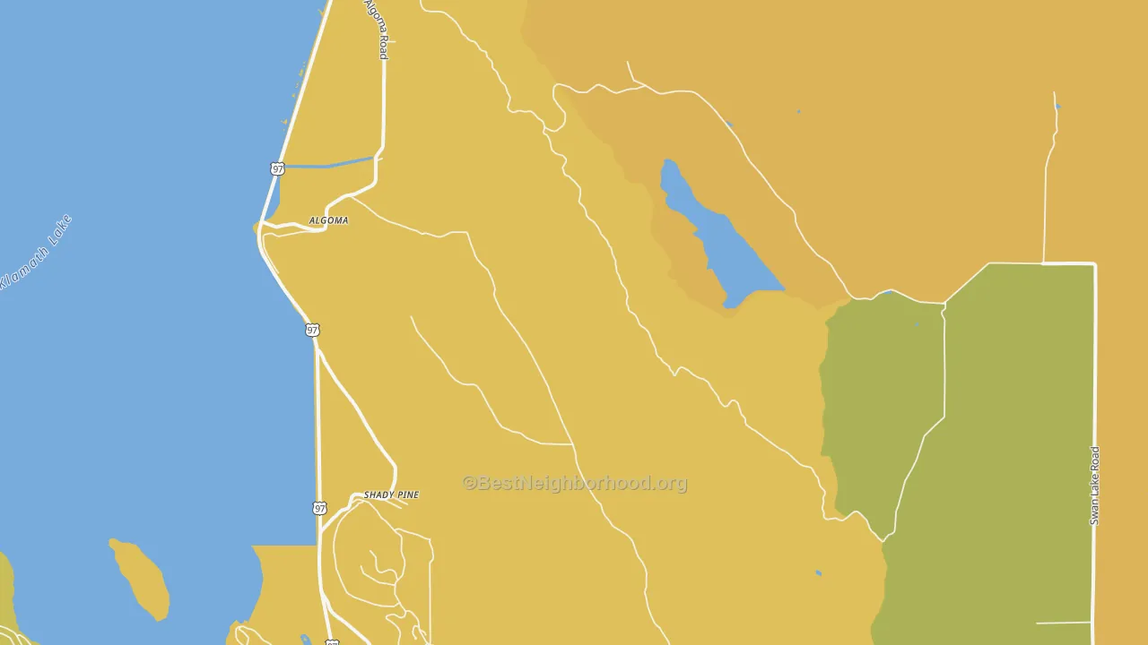 Map of the best neighborhoods in the Shady Pine area, with better matches in green and worse matches in red