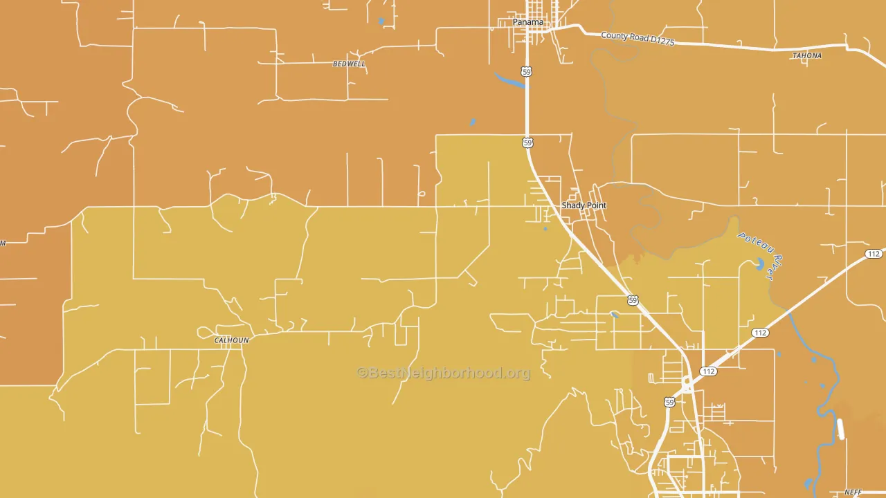Map of the best neighborhoods in the Shady Point area, with better matches in green and worse matches in red