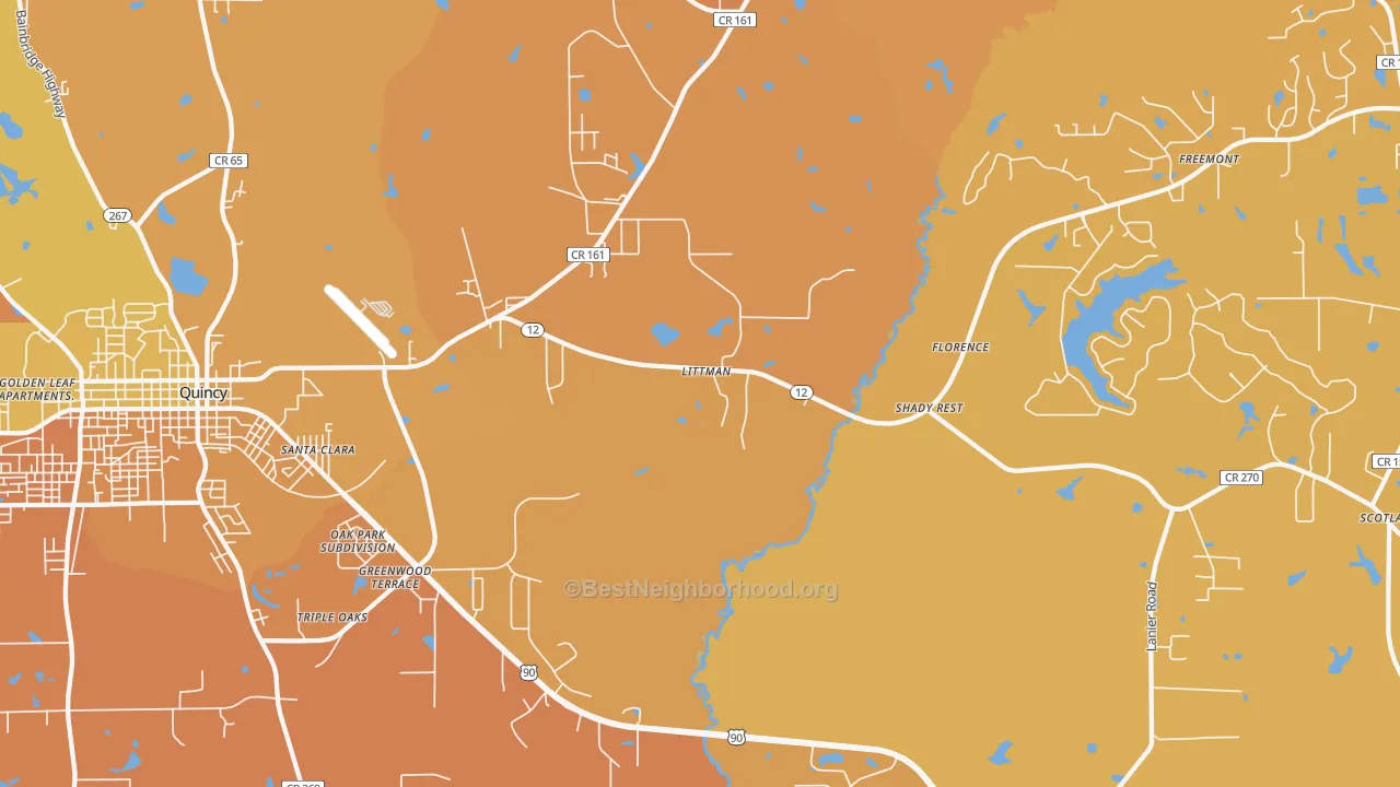 Map of the best neighborhoods in the Shady Rest area, with better matches in green and worse matches in red