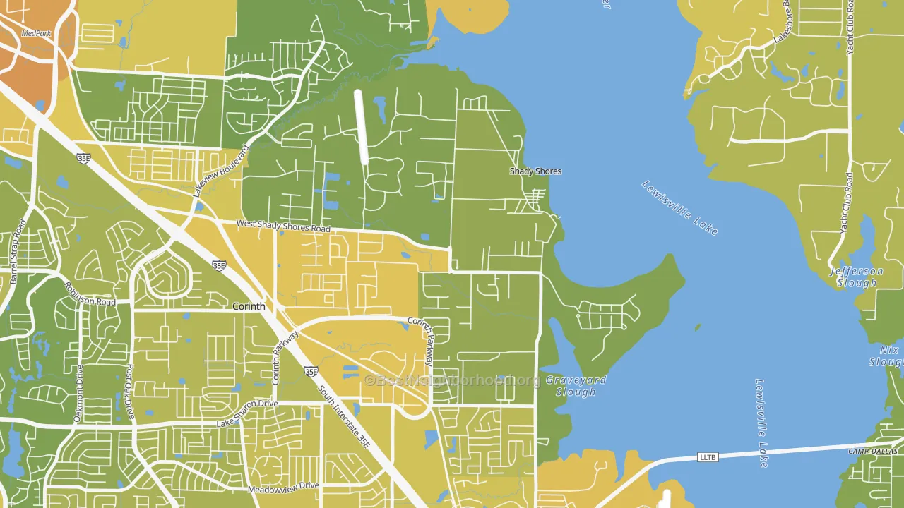 Map of the best neighborhoods in the Shady Shores area, with better matches in green and worse matches in red