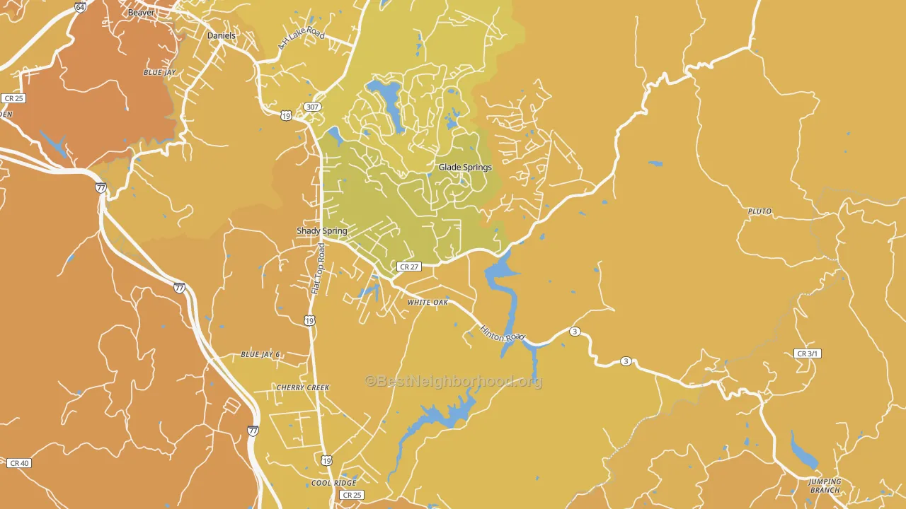Map of the best neighborhoods in the Shady Spring area, with better matches in green and worse matches in red