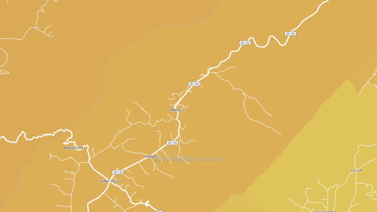 Map of the best neighborhoods in the Shady Valley area, with better matches in green and worse matches in red