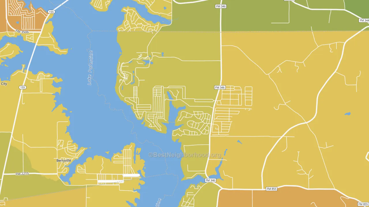Map of the best neighborhoods in the Shadybrook area, with better matches in green and worse matches in red
