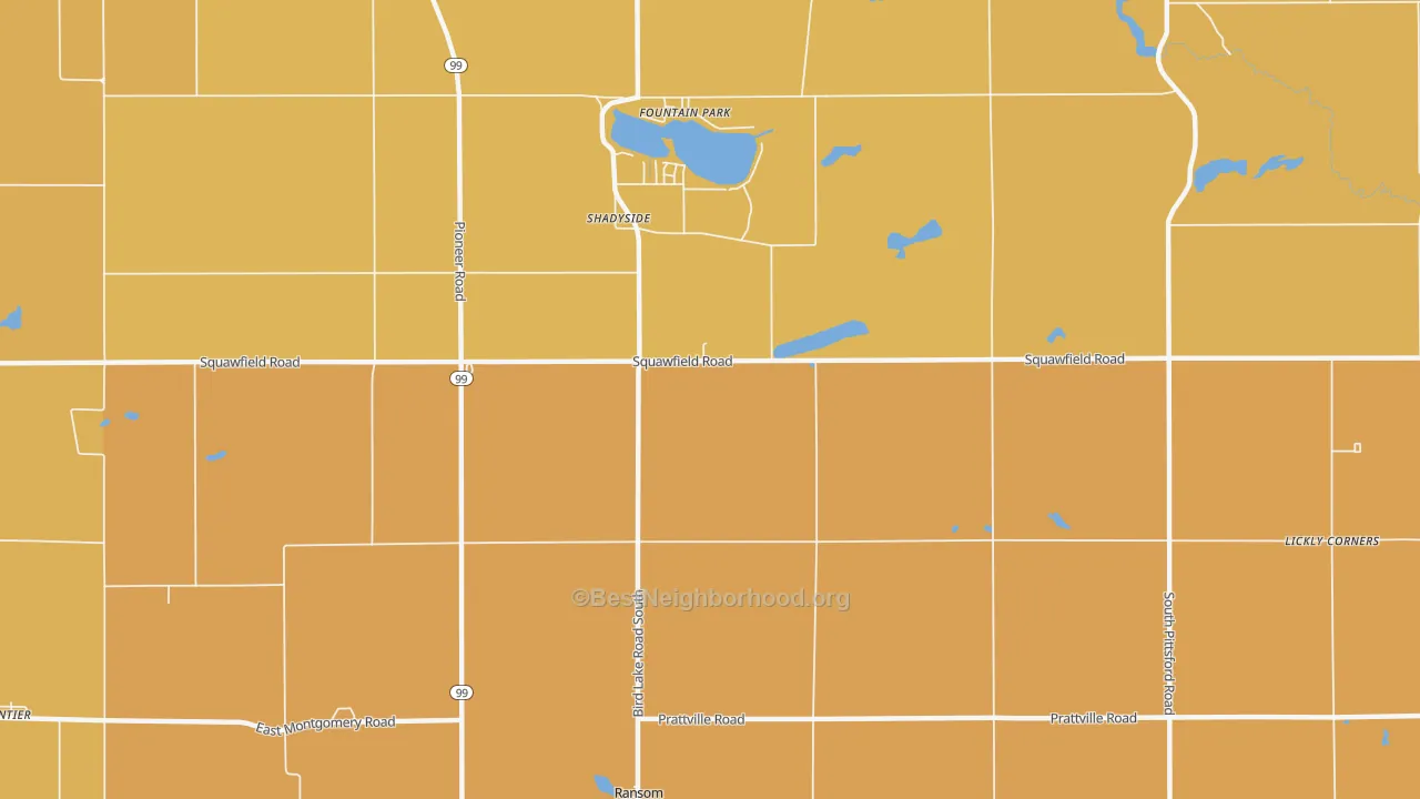 Map of the best neighborhoods in the Shadyside area, with better matches in green and worse matches in red