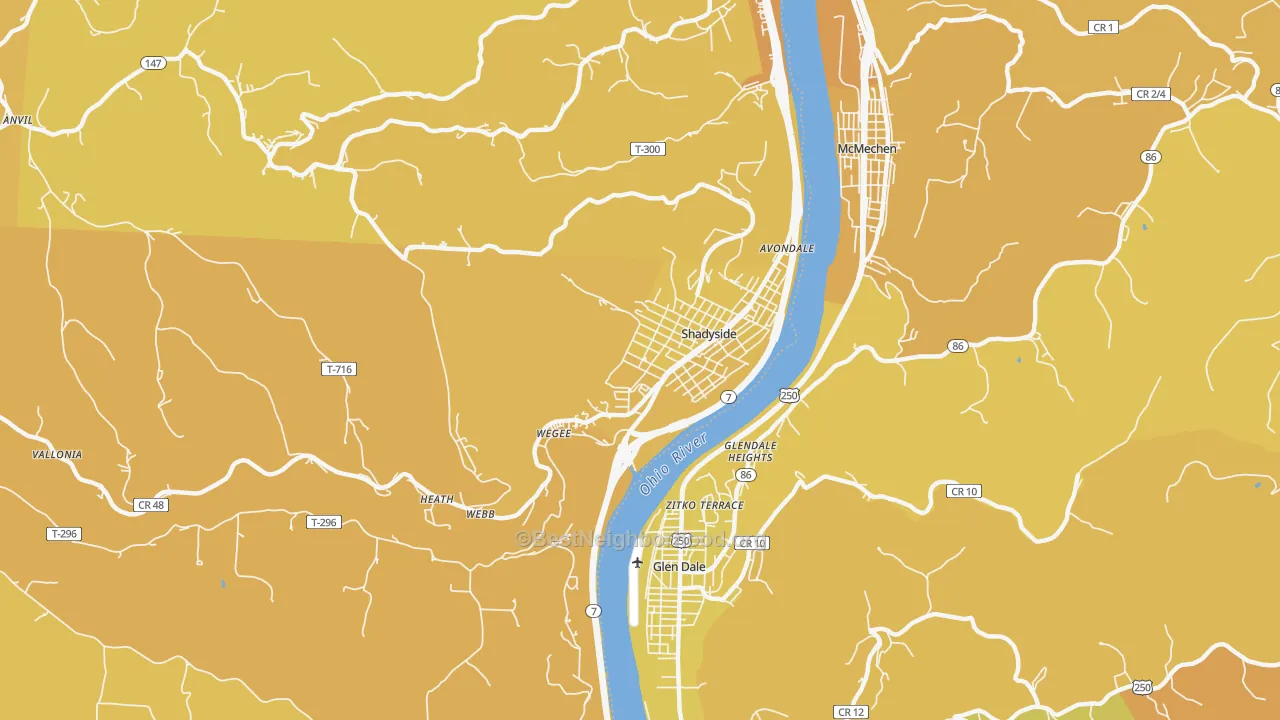 Map of the best neighborhoods in the Shadyside area, with better matches in green and worse matches in red