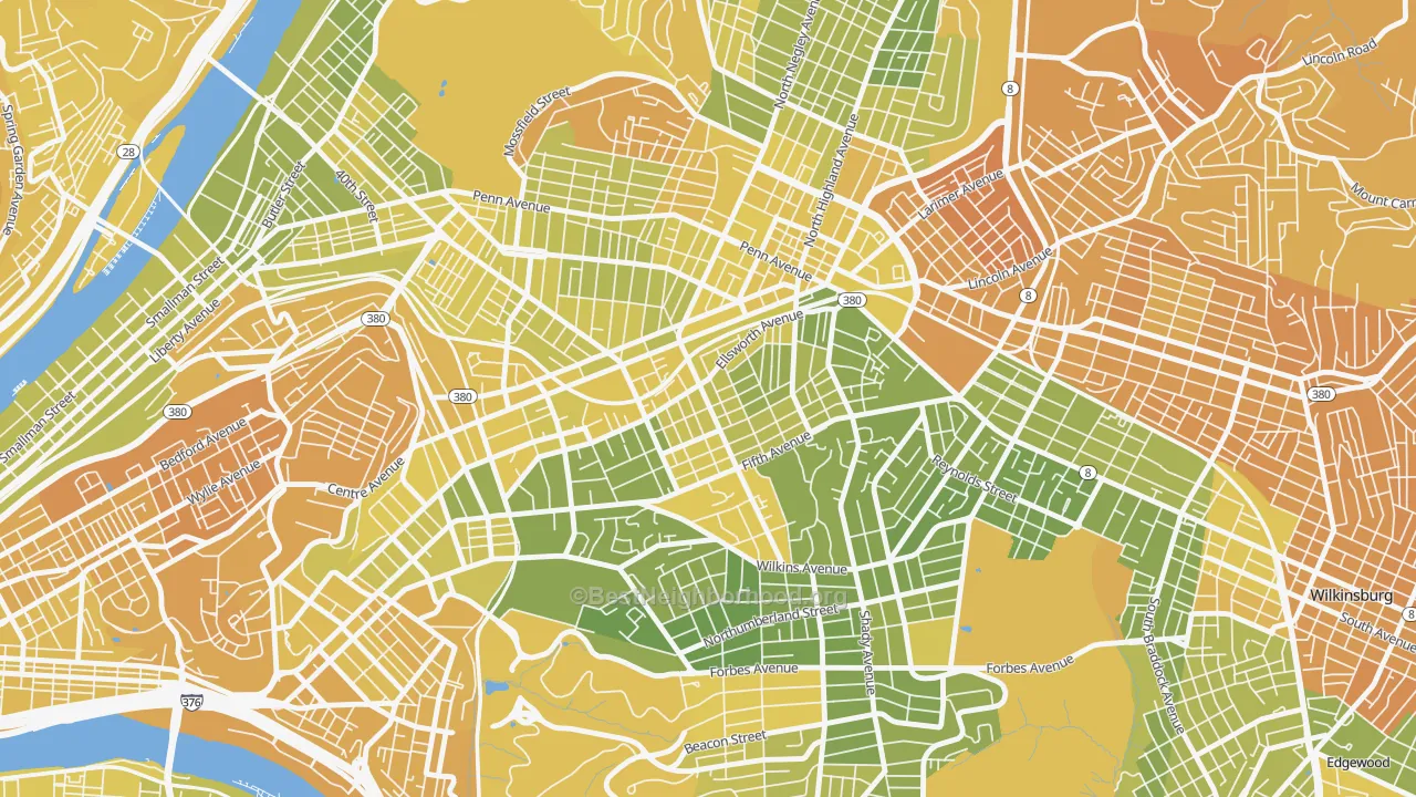 Map of the best neighborhoods in the Shadyside, Pittsburgh area, with better matches in green and worse matches in red
