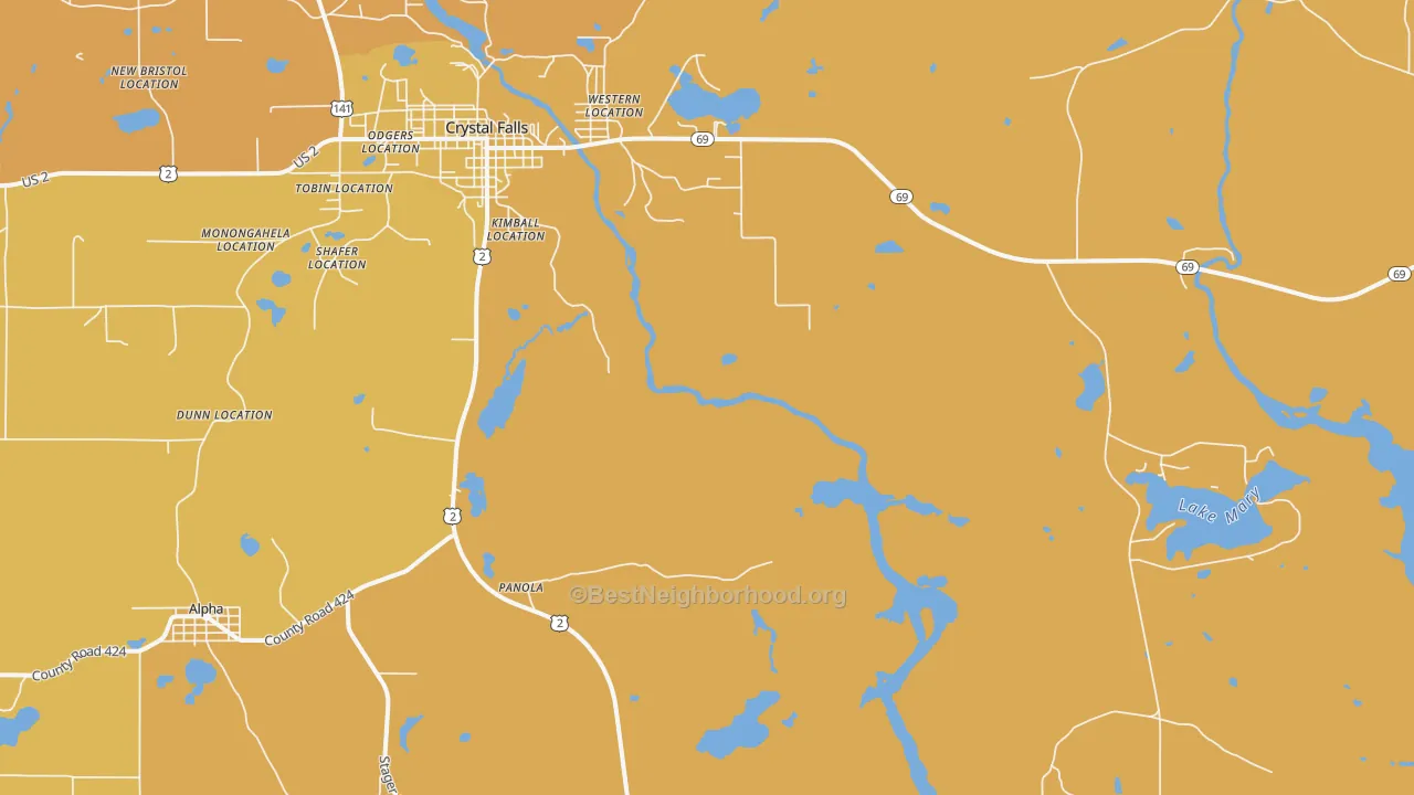 Map of the best neighborhoods in the Shafer Location area, with better matches in green and worse matches in red