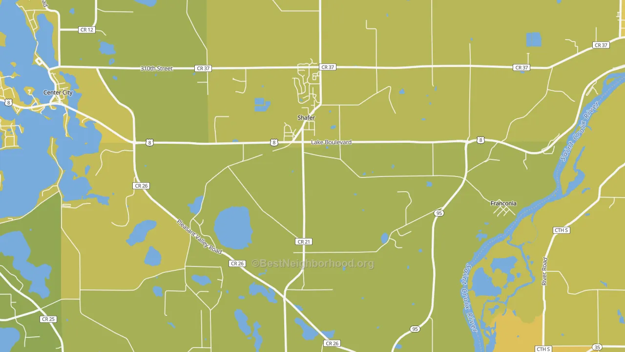 Map of the best neighborhoods in the Shafer area, with better matches in green and worse matches in red