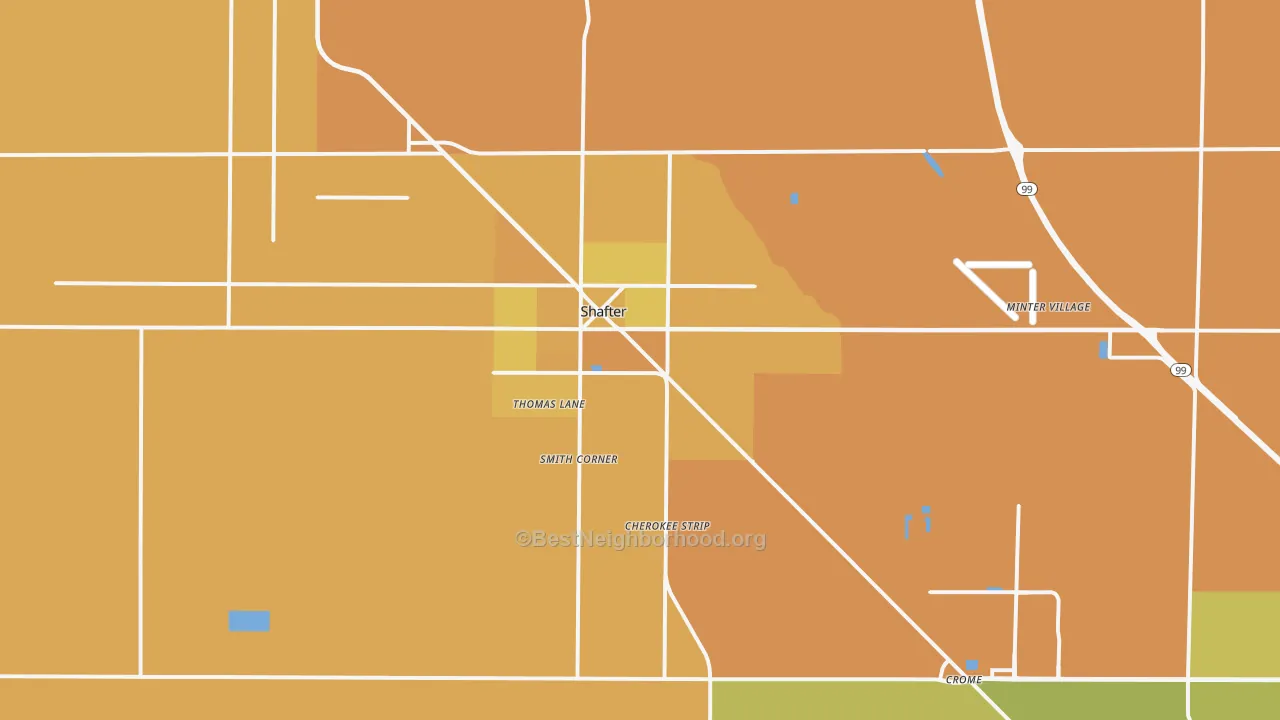 Map of the best neighborhoods in the Shafter area, with better matches in green and worse matches in red