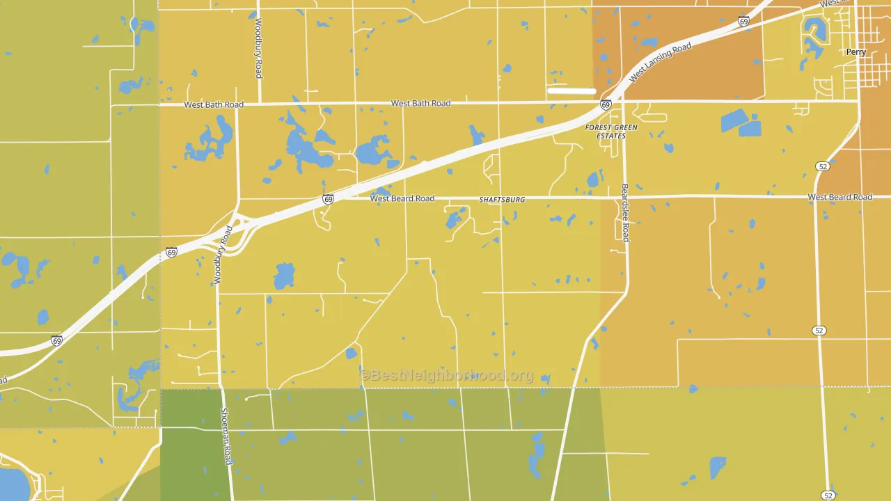 Map of the best neighborhoods in the Shaftsburg area, with better matches in green and worse matches in red