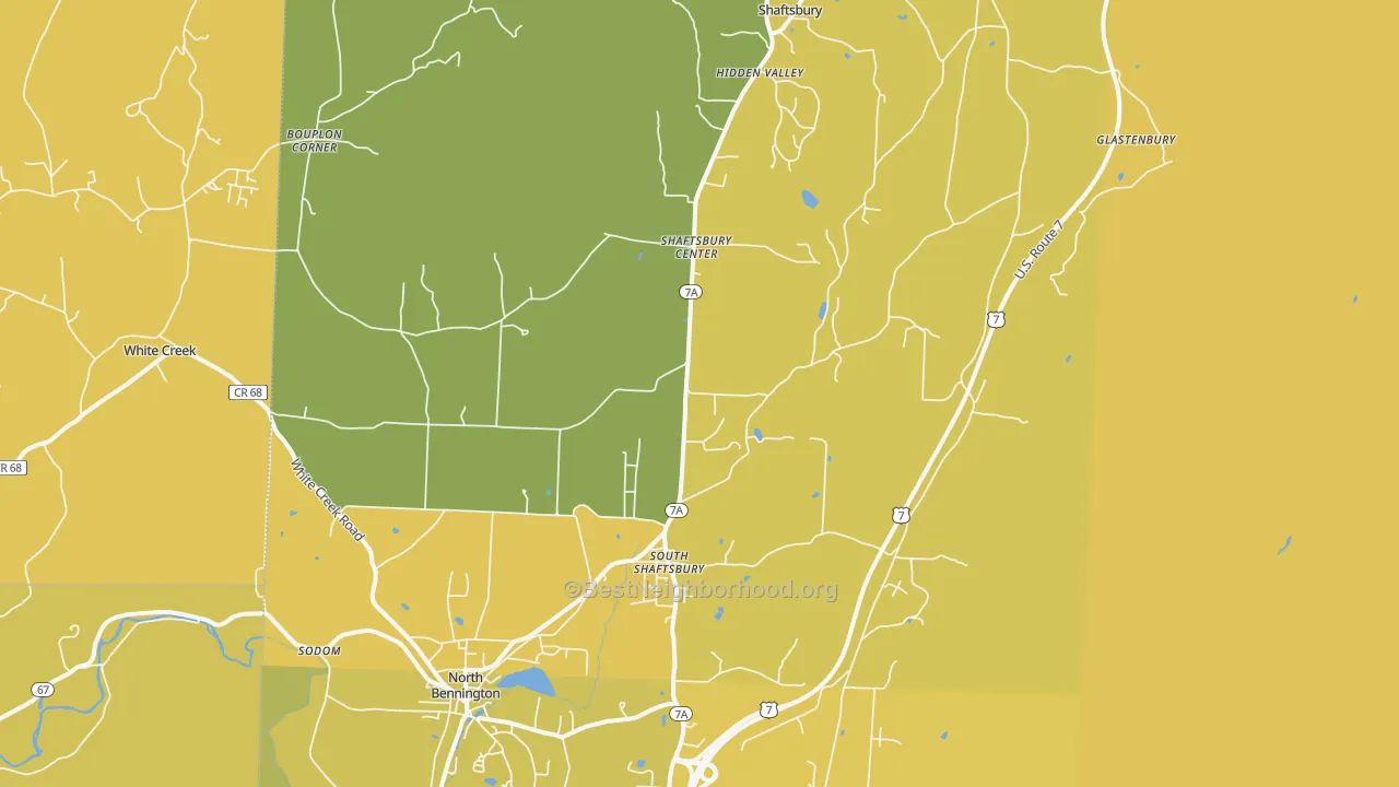 Map of the best neighborhoods in the Shaftsbury area, with better matches in green and worse matches in red