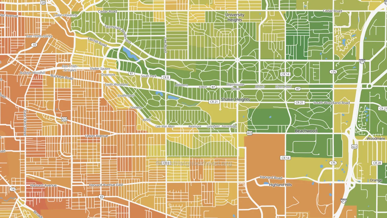 Map of the best neighborhoods in the Shaker Heights area, with better matches in green and worse matches in red