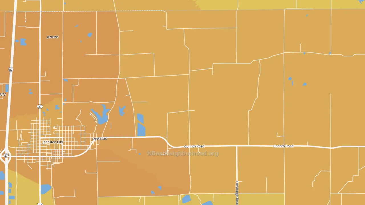 Map of the best neighborhoods in the Shakerag area, with better matches in green and worse matches in red