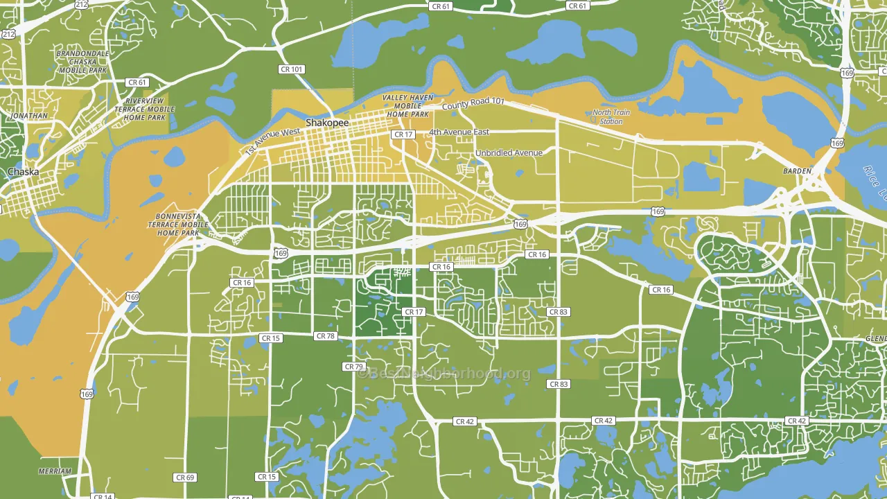 Map of the best neighborhoods in the Shakopee area, with better matches in green and worse matches in red