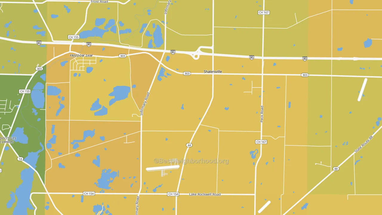 Map of the best neighborhoods in the Shalersville area, with better matches in green and worse matches in red