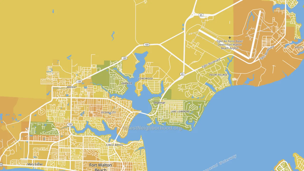 Map of the best neighborhoods in the Shalimar area, with better matches in green and worse matches in red